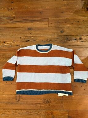 Striped Crewneck Sweater in Rust, White & Teal Trim